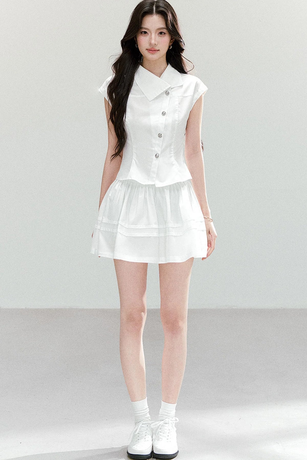 Asymmetrical Lapel Waist-Cinching Top Set-Up