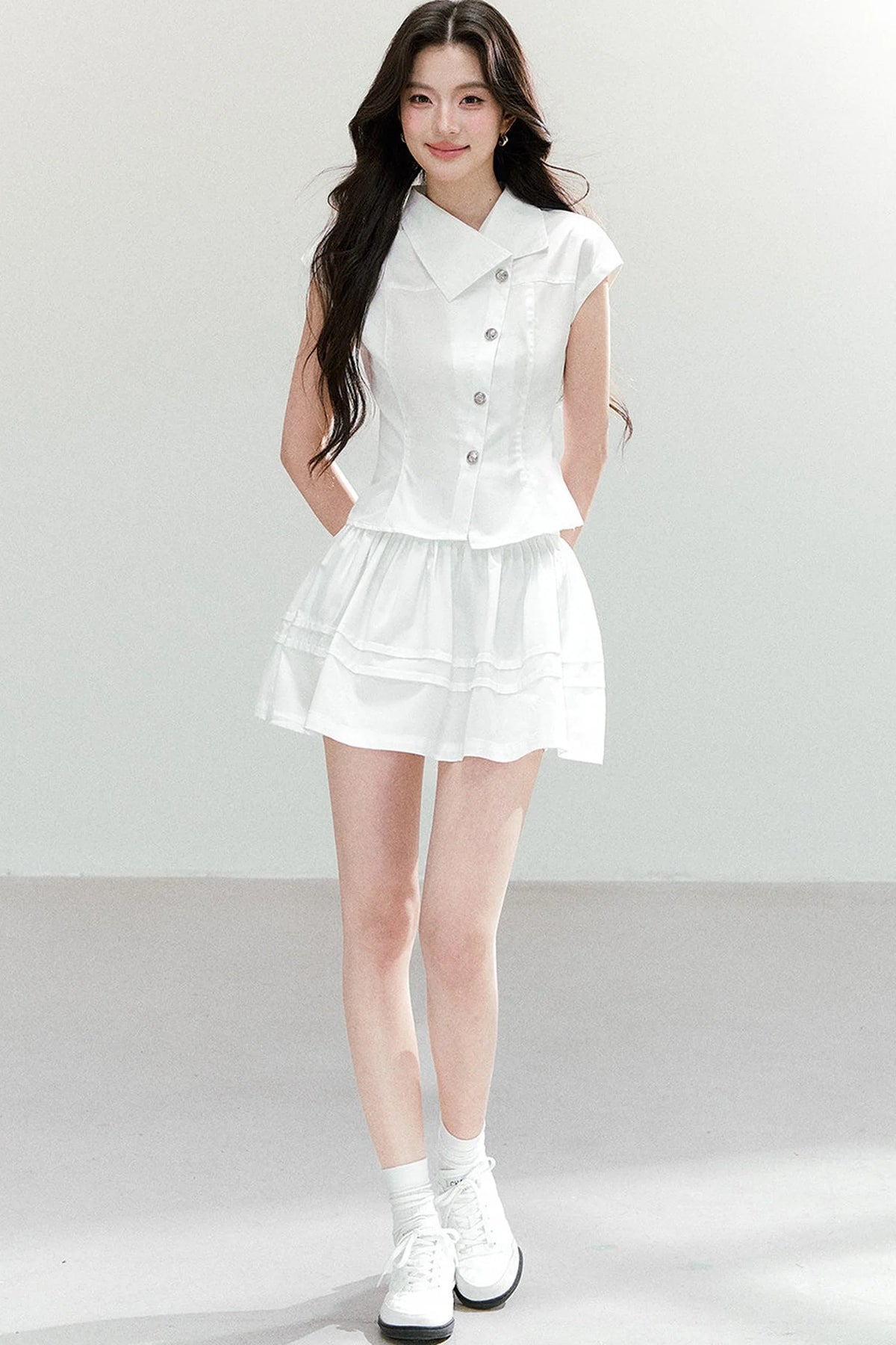 Asymmetrical Lapel Waist-Cinching Top Set-Up