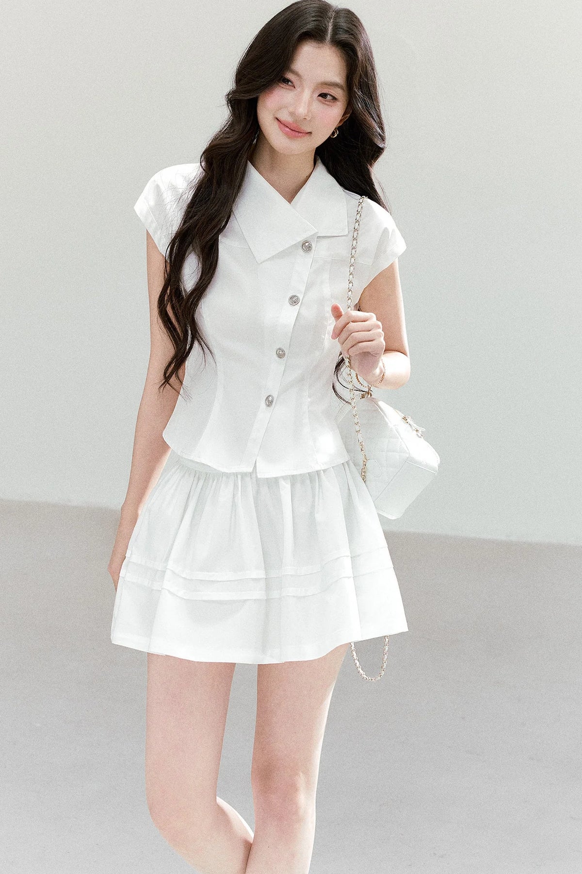 Asymmetrical Lapel Waist-Cinching Top Set-Up
