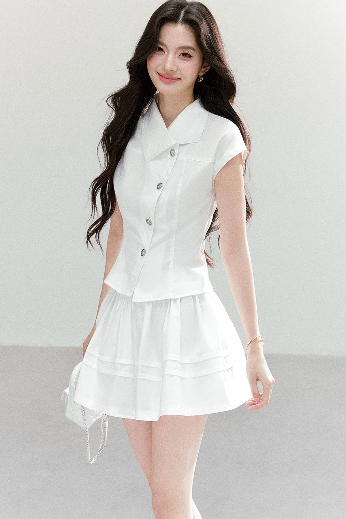 Asymmetrical Lapel Waist-Cinching Top Set-Up