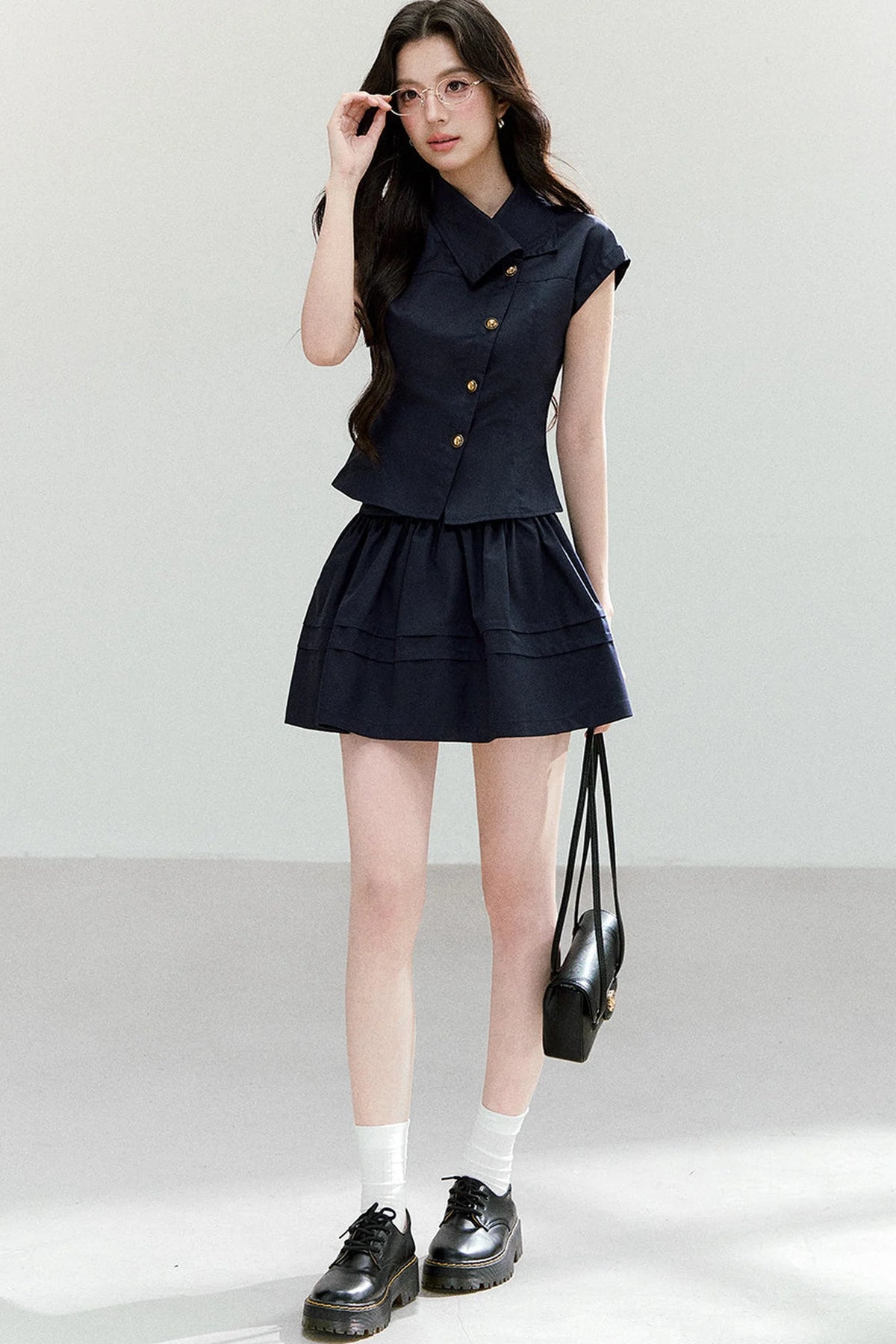 Asymmetrical Lapel Waist-Cinching Top Set-Up