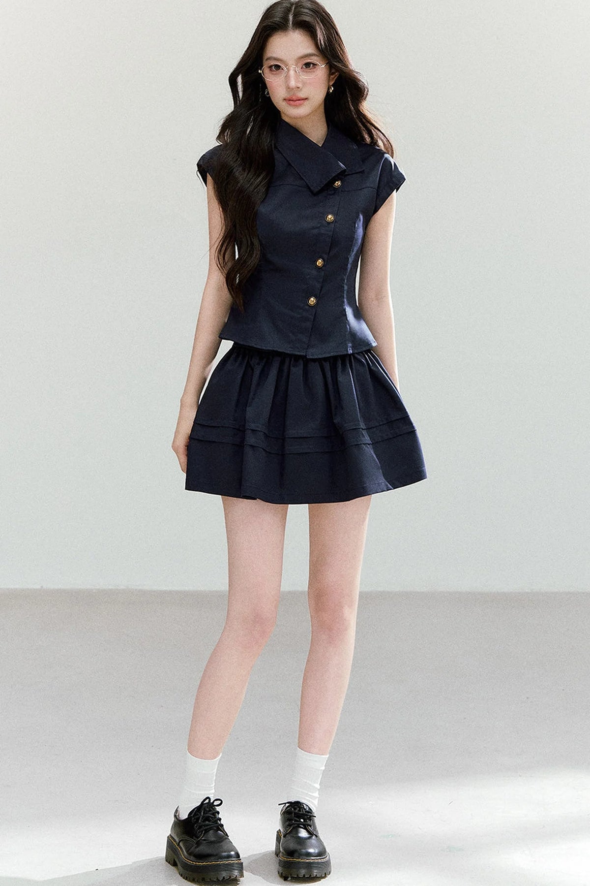 Asymmetrical Lapel Waist-Cinching Top Set-Up