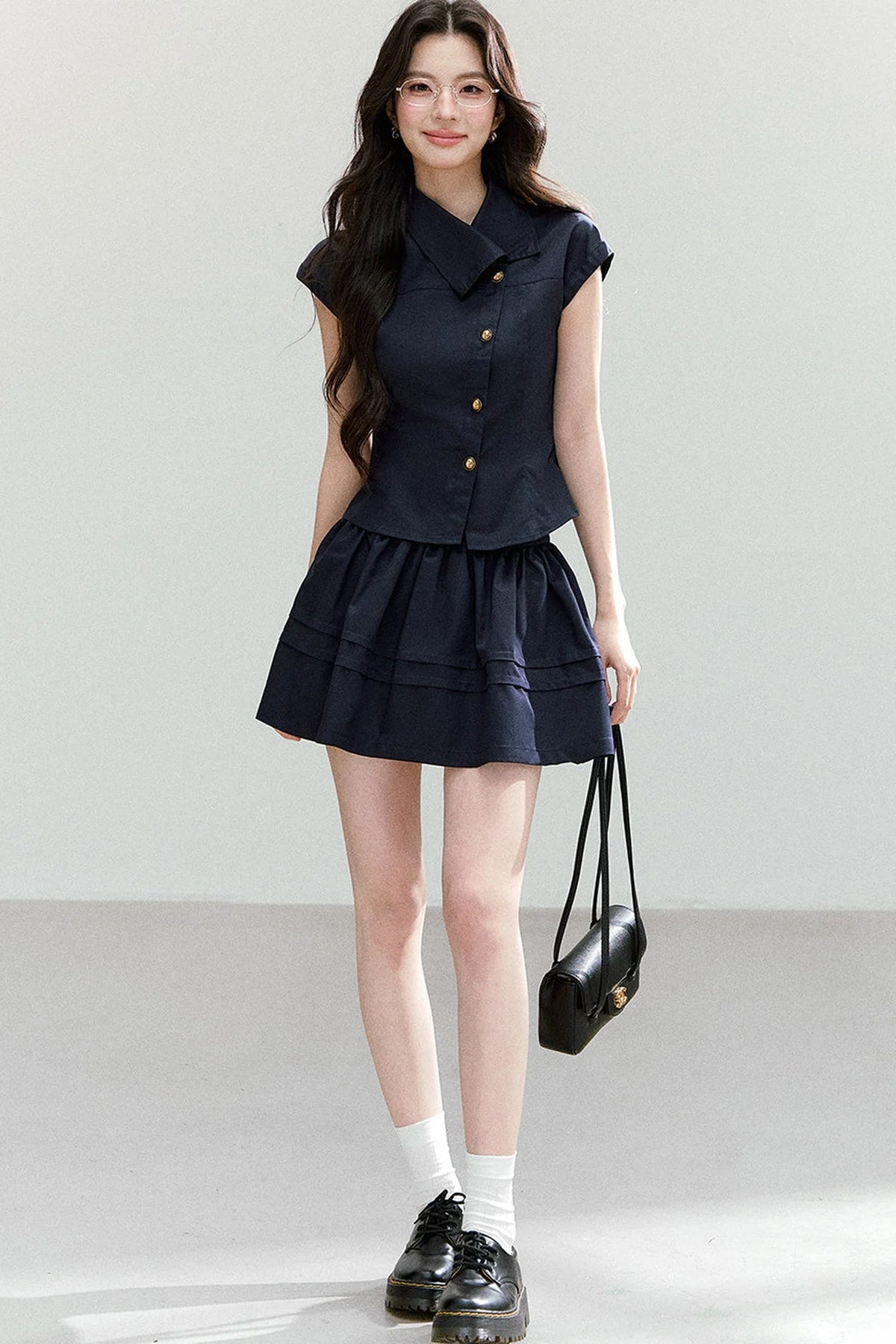 Asymmetrical Lapel Waist-Cinching Top Set-Up