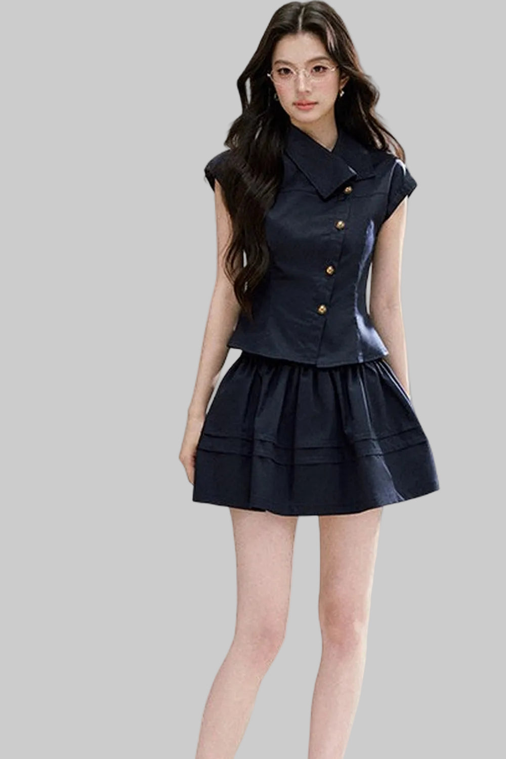 Asymmetrical Lapel Waist-Cinching Top Set-Up