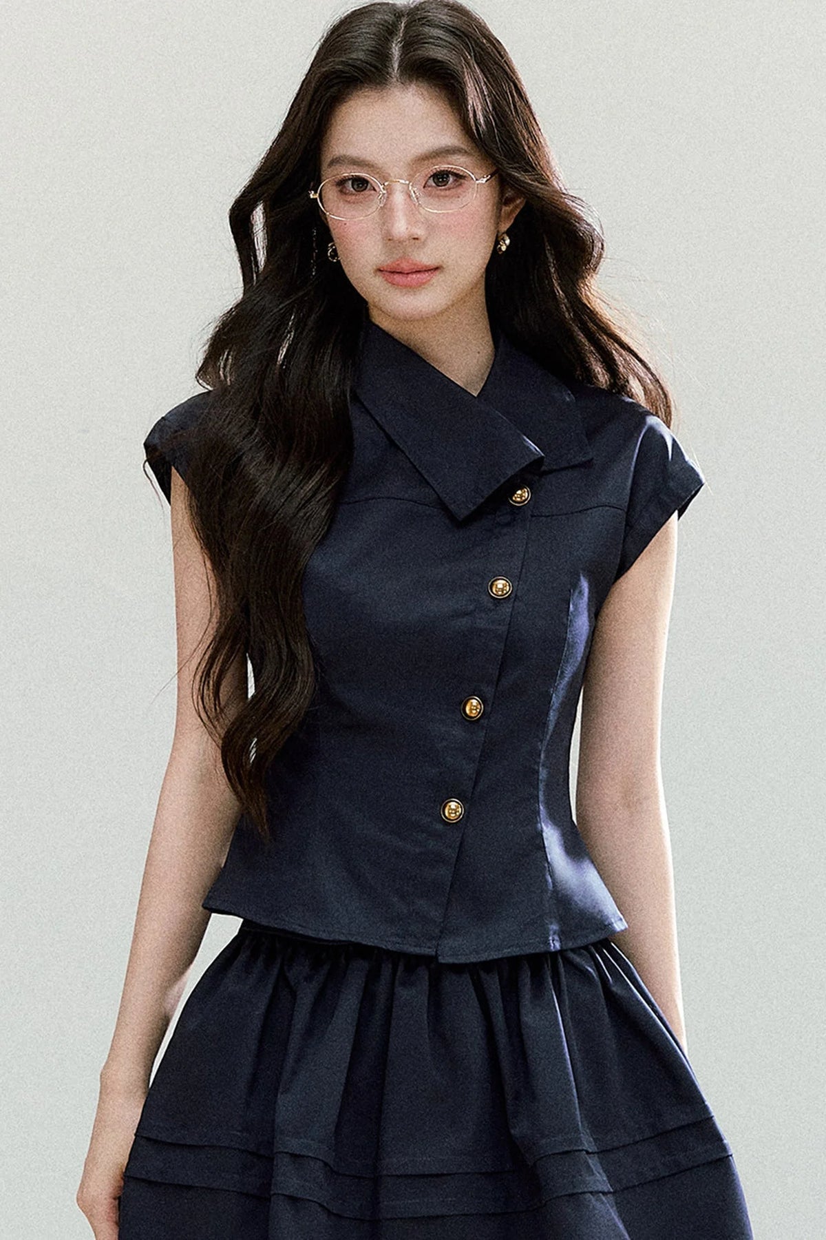 Asymmetrical Lapel Waist-Cinching Top Set-Up
