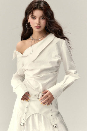 Asymmetrical Off-Shoulder Washed Shirt Set-Up