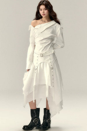 Asymmetrical Off-Shoulder Washed Shirt Set-Up