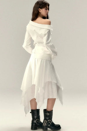 Asymmetrical Off-Shoulder Washed Shirt Set-Up