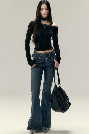 Asymmetrical Off-Shoulder Washed Shirt Set-Up