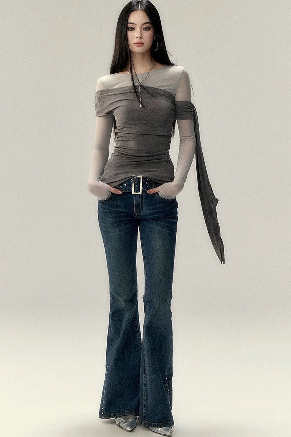 Asymmetrical Off-Shoulder Washed Shirt Set-Up