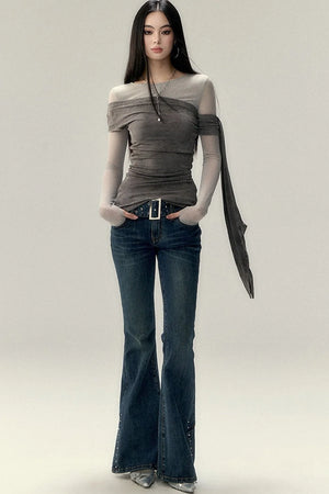Asymmetrical Off-Shoulder Washed Shirt Set-Up