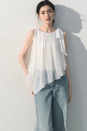 Asymmetrical Pleated Lace Blouse