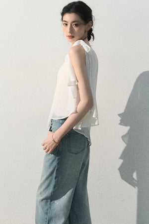 Asymmetrical Pleated Lace Blouse