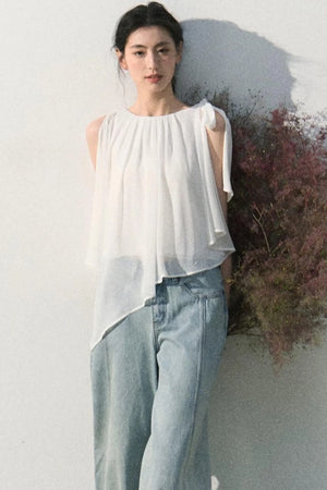 Asymmetrical Pleated Lace Blouse