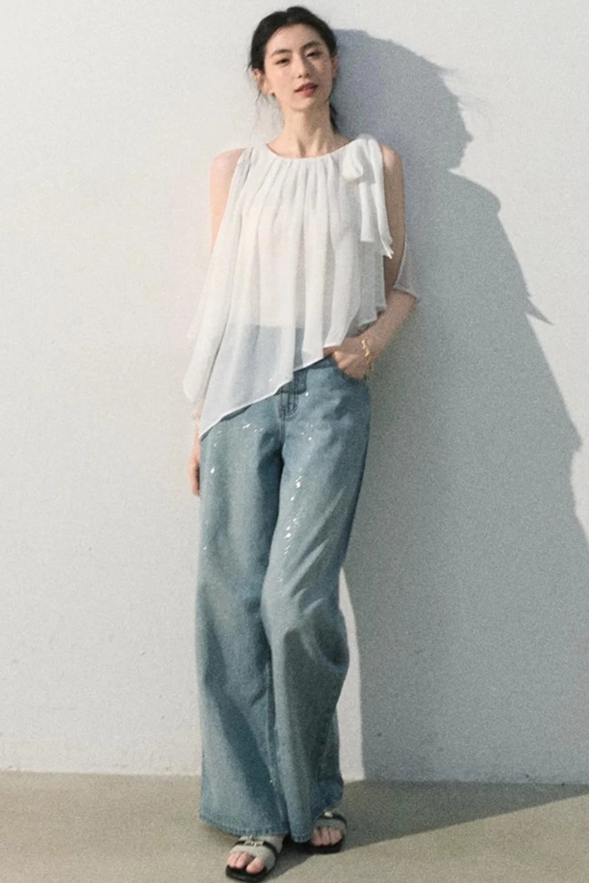 Asymmetrical Pleated Lace Blouse