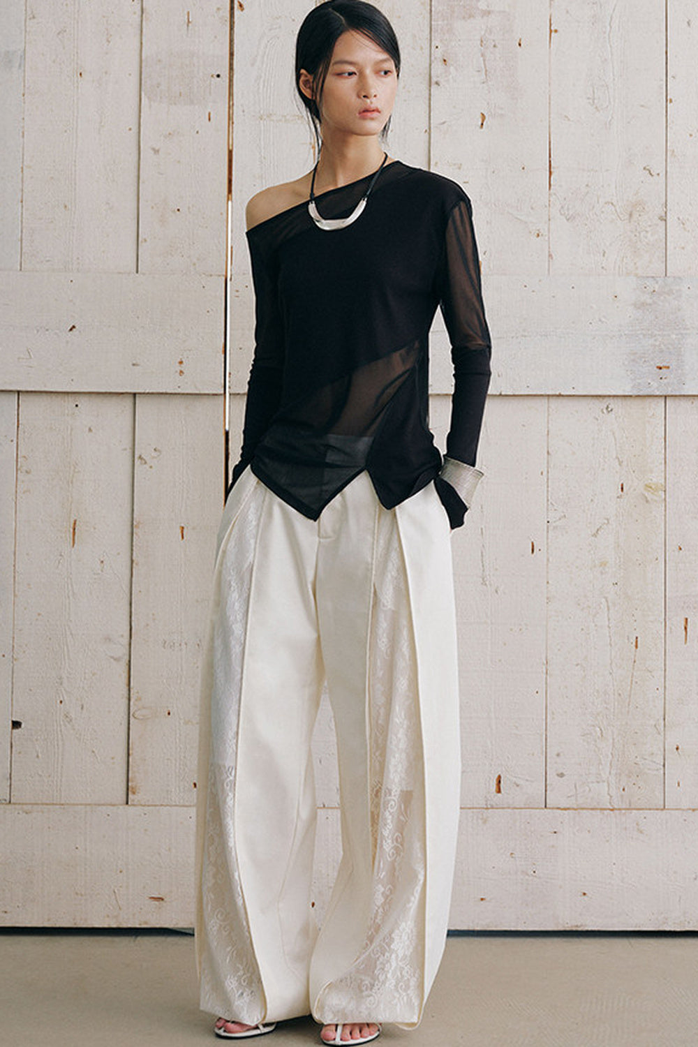 Asymmetrical Sheer Long Sleeve Top