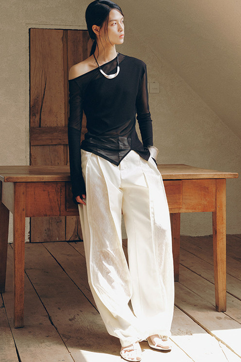 Asymmetrical Sheer Long Sleeve Top