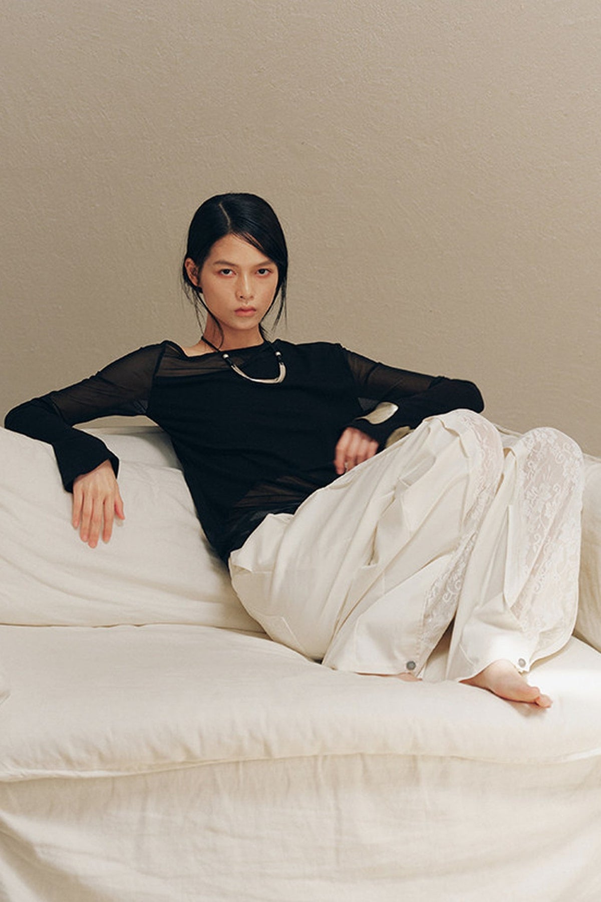 Asymmetrical Sheer Long Sleeve Top