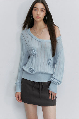 Asymmetrical Shoulder 3D Flower Knit Blouse
