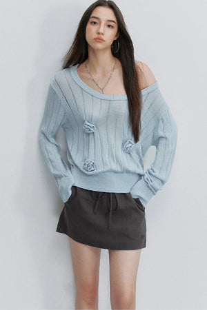 Asymmetrical Shoulder 3D Flower Knit Blouse