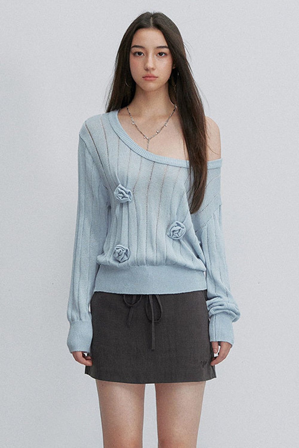 Asymmetrical Shoulder 3D Flower Knit Blouse