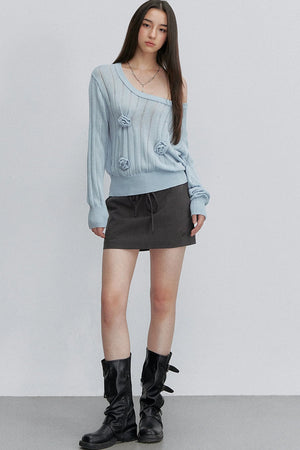 Asymmetrical Shoulder 3D Flower Knit Blouse