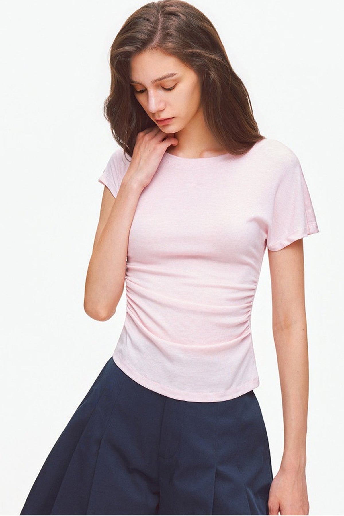 Asymmetrical Shoulder Lyocell Pleated Top