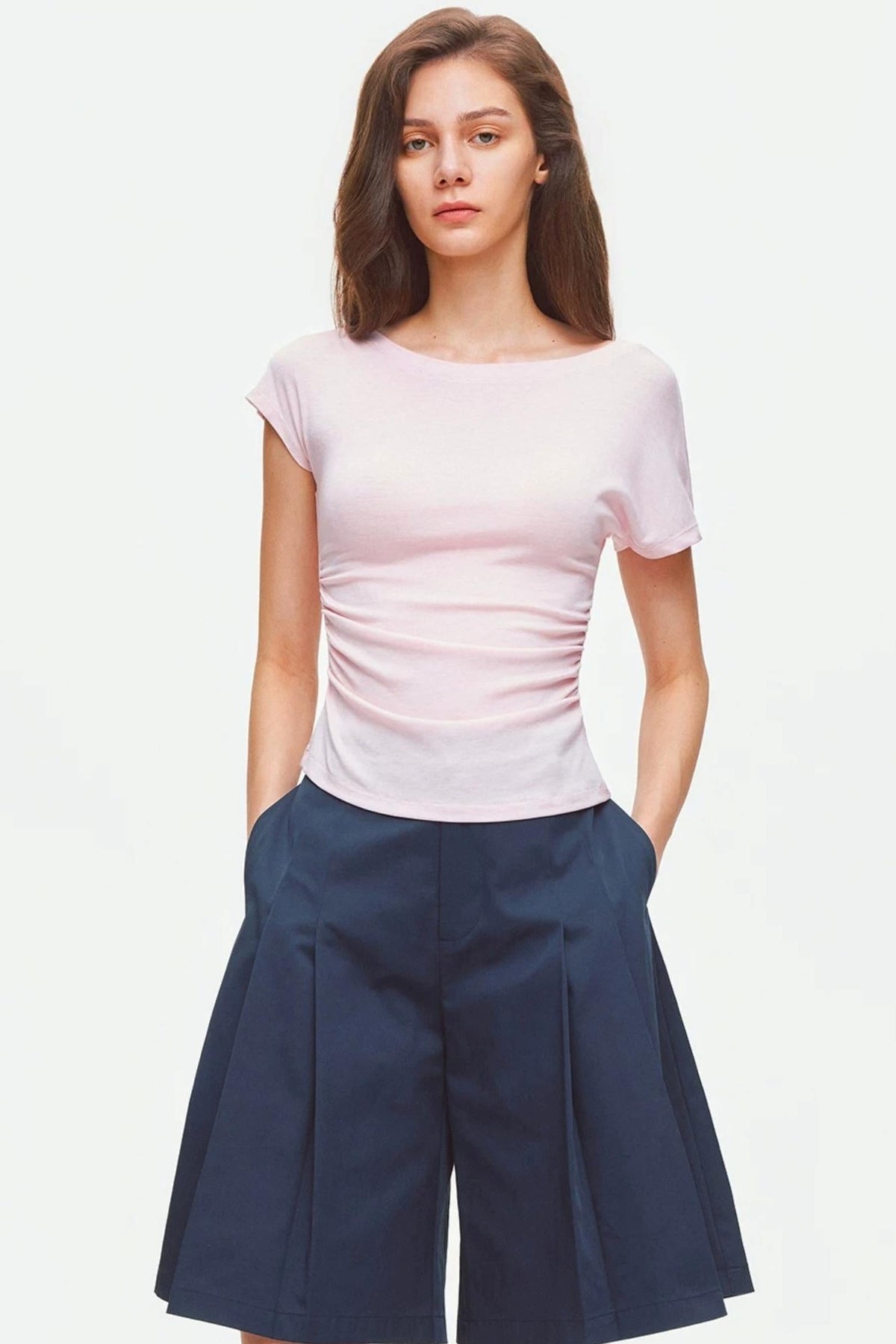 Asymmetrical Shoulder Lyocell Pleated Top