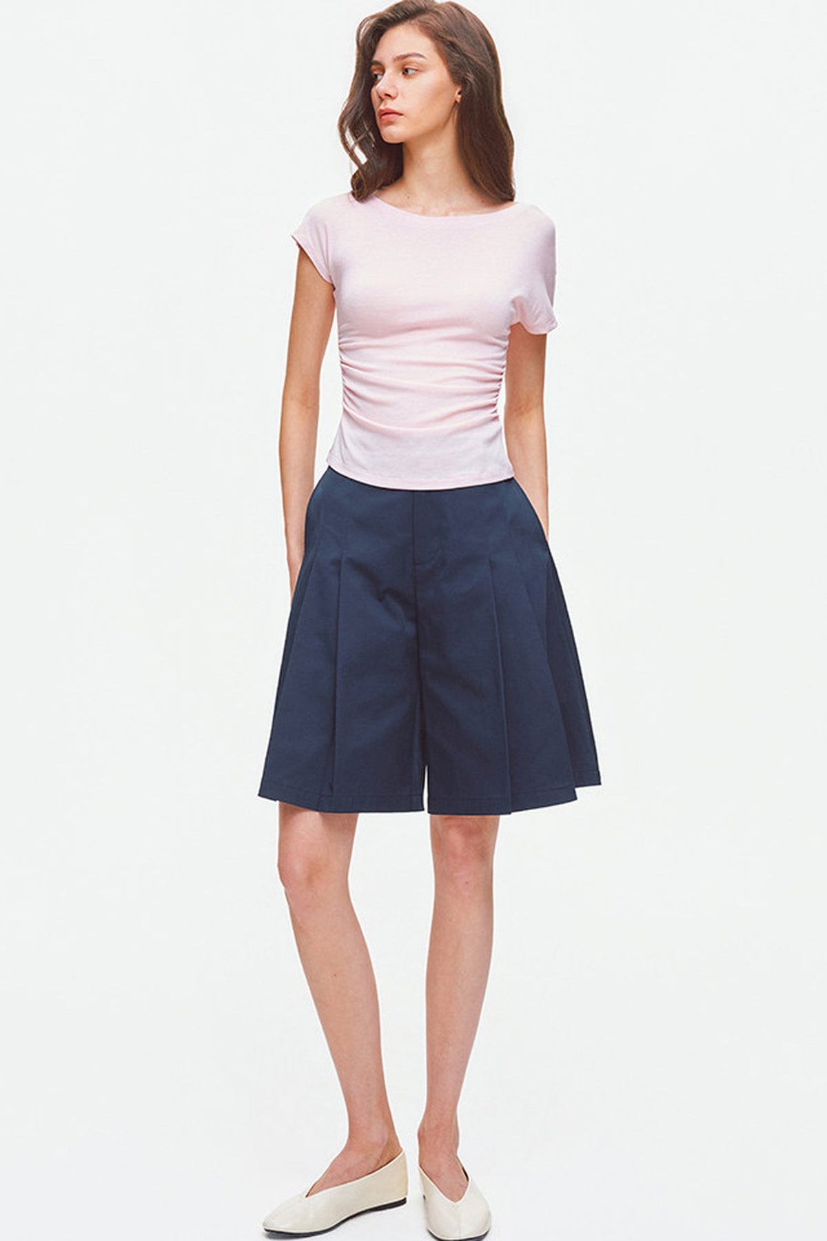 Asymmetrical Shoulder Lyocell Pleated Top
