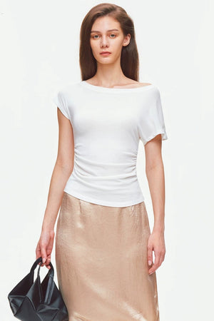 Asymmetrical Shoulder Lyocell Pleated Top