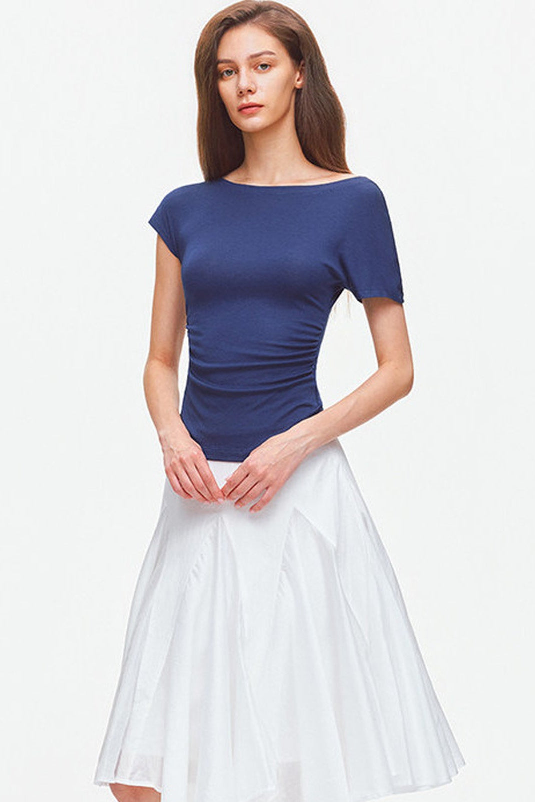 Asymmetrical Shoulder Lyocell Pleated Top