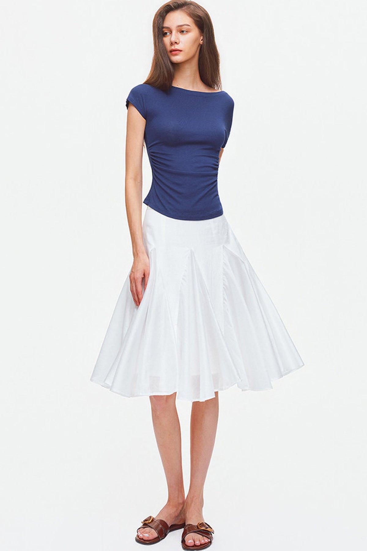 Asymmetrical Shoulder Lyocell Pleated Top