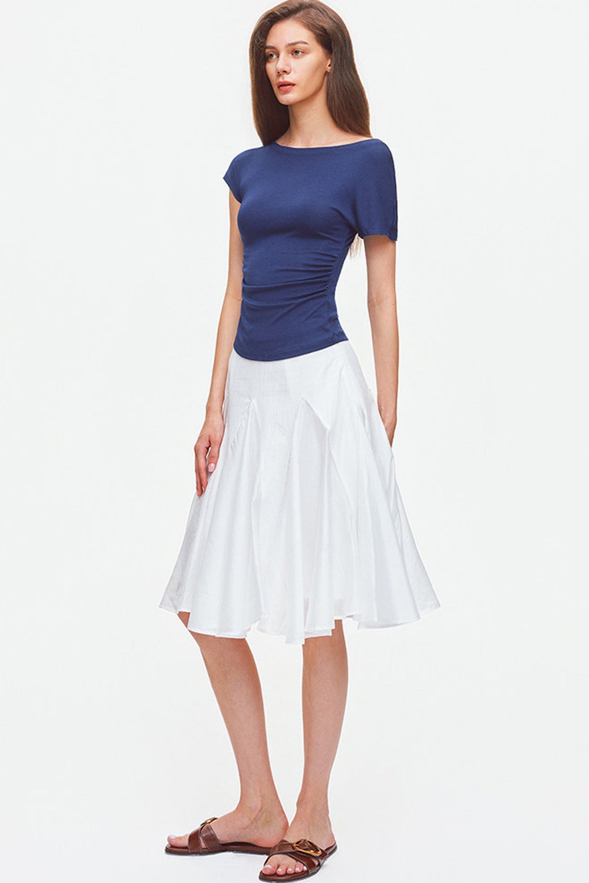 Asymmetrical Shoulder Lyocell Pleated Top