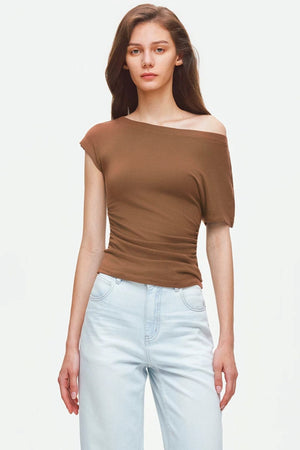 Asymmetrical Shoulder Lyocell Pleated Top