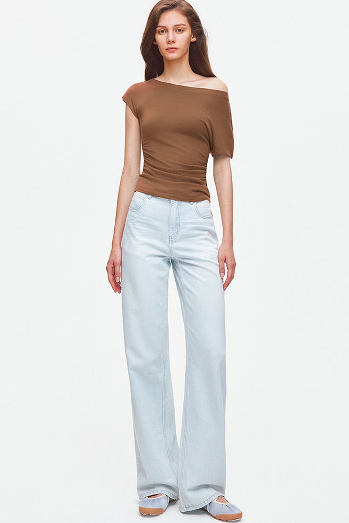 Asymmetrical Shoulder Lyocell Pleated Top