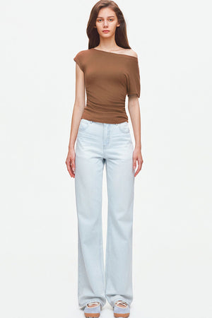 Asymmetrical Shoulder Lyocell Pleated Top