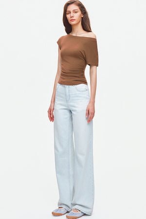 Asymmetrical Shoulder Lyocell Pleated Top