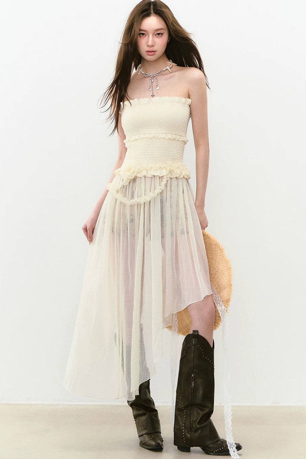Asymmetrical Strapless Mesh Dress