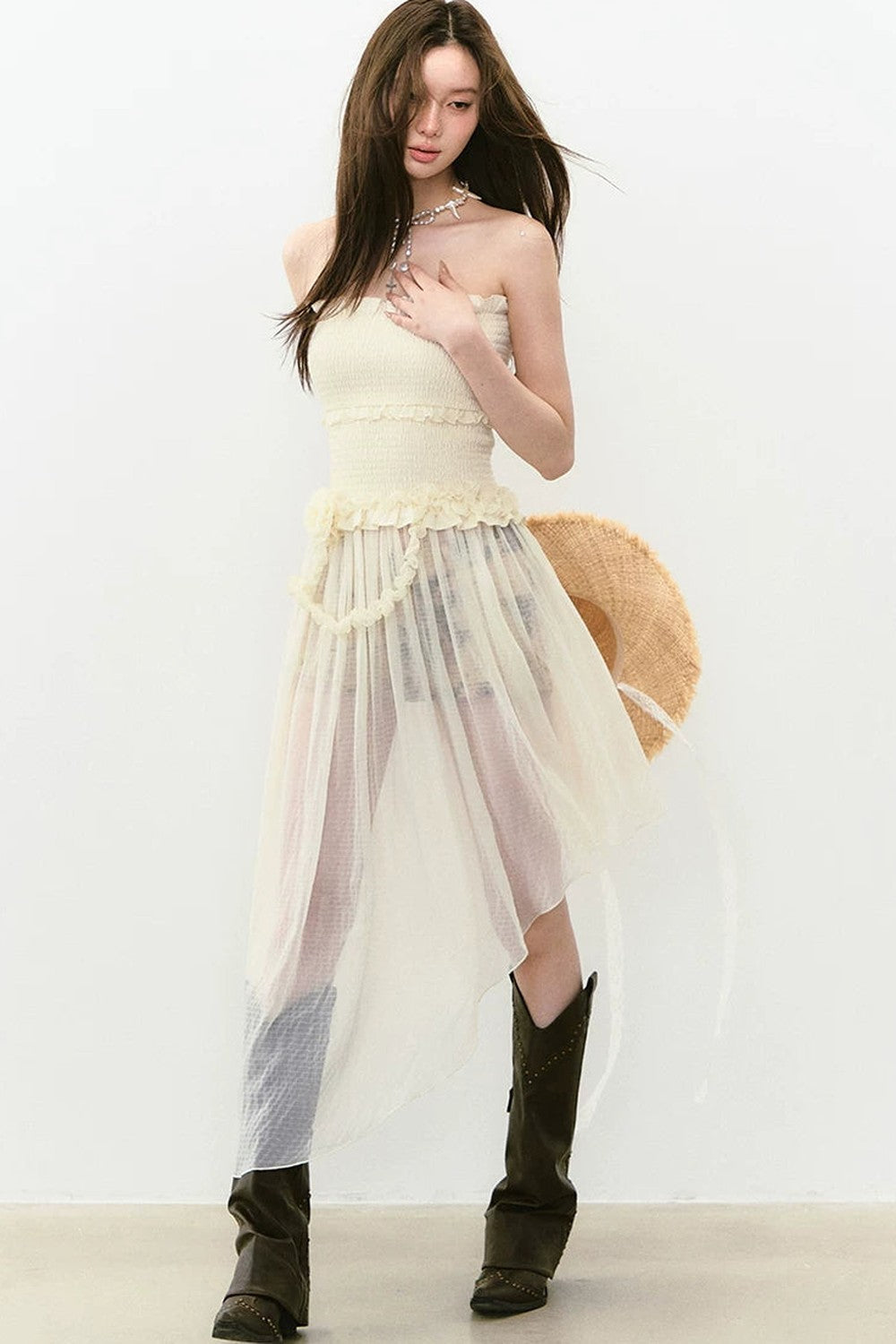 Asymmetrical Strapless Mesh Dress