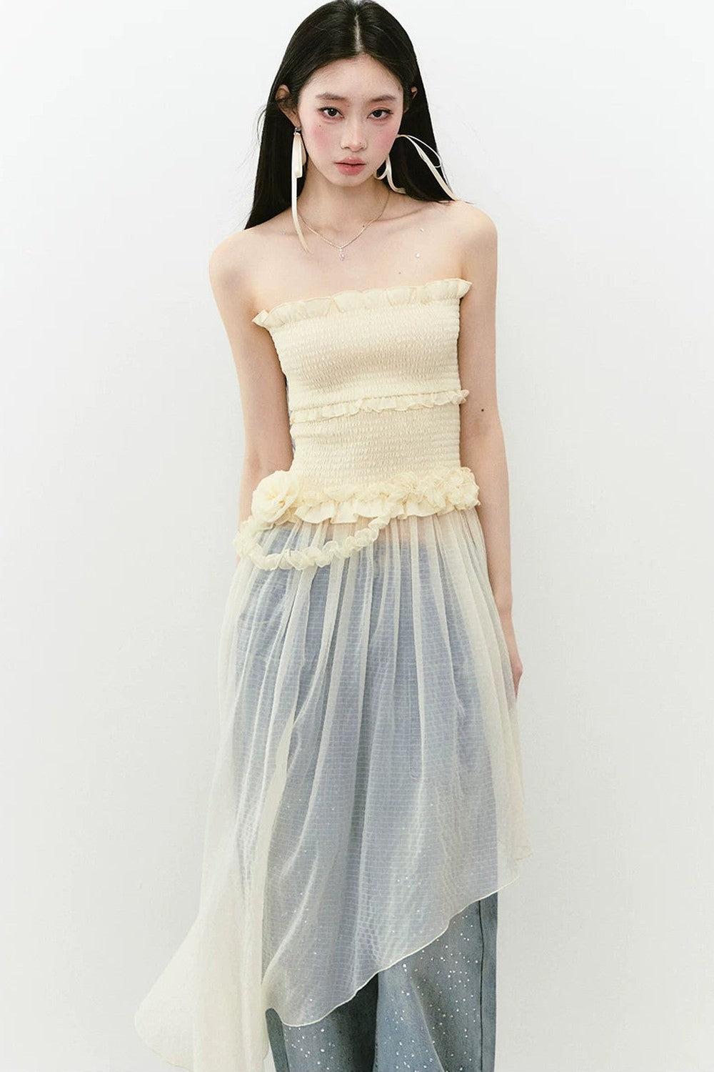 Asymmetrical Strapless Mesh Dress