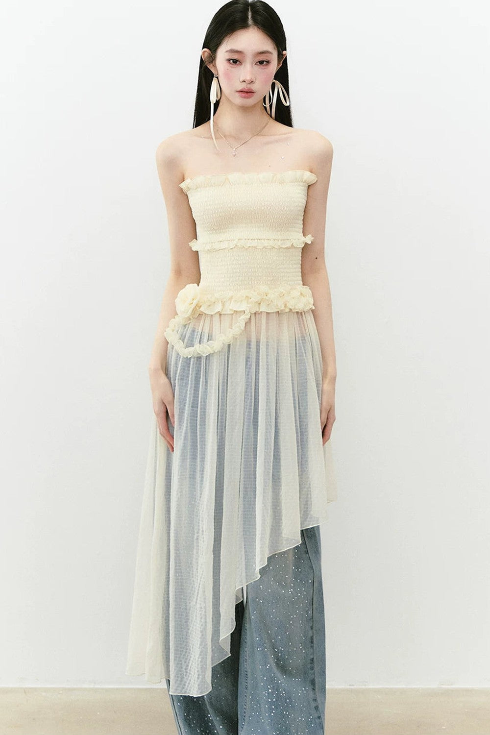 Asymmetrical Strapless Mesh Dress
