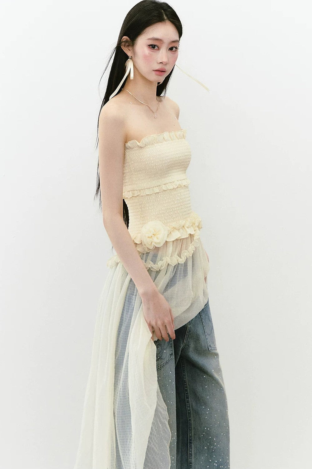 Asymmetrical Strapless Mesh Dress