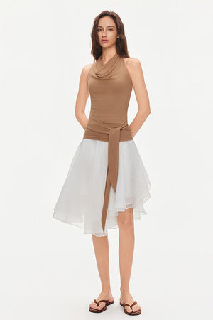 Asymmetrical Tie Waist Sheer Midi Skirt