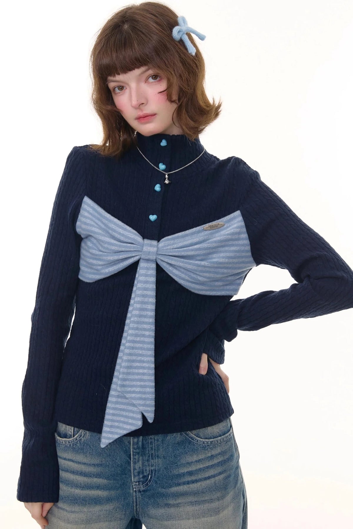 Autumn Bow Turtleneck Knitted Sweater