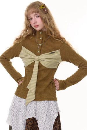 Autumn Bow Turtleneck Knitted Sweater