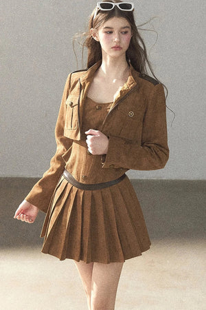 Autumn Coat and Pleated Skirt Three-Piece Set-Up