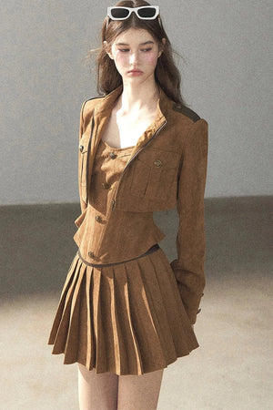 Autumn Coat and Pleated Skirt Three-Piece Set-Up