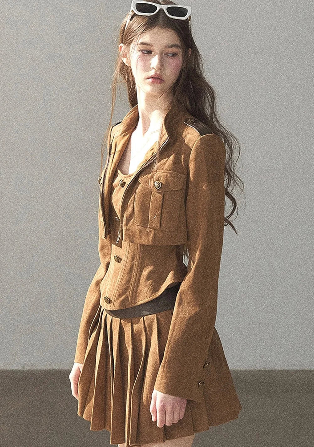 Autumn Coat and Pleated Skirt Three-Piece Set-Up