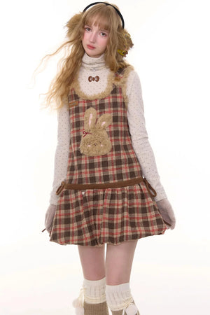 Autumn Reddish-Brown Plaid Rabbit Pocket Vest Dress