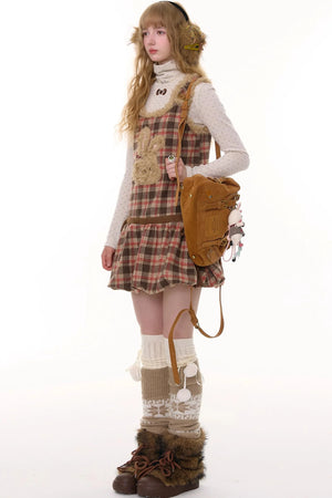 Autumn Reddish-Brown Plaid Rabbit Pocket Vest Dress